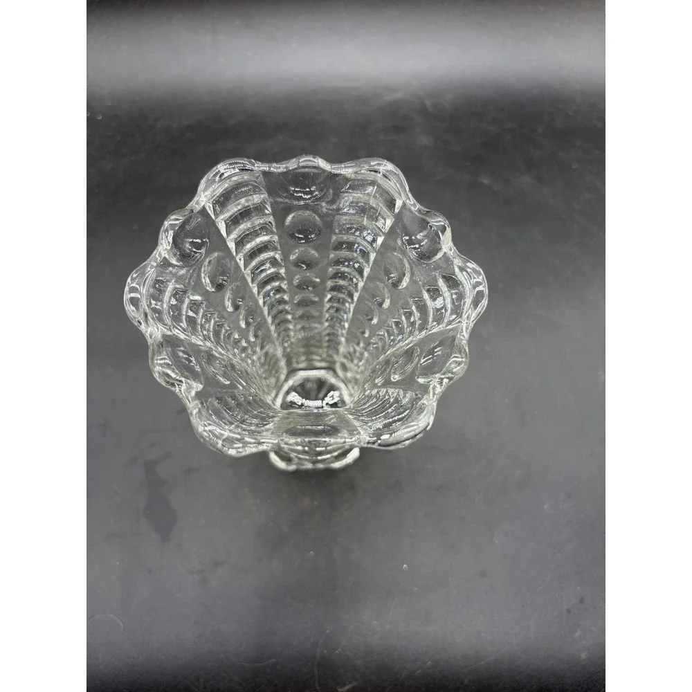 Vintage Clear Hobnail Pressed‎ Glass Vase Ruffled Rim Starburst Base 5 Inch